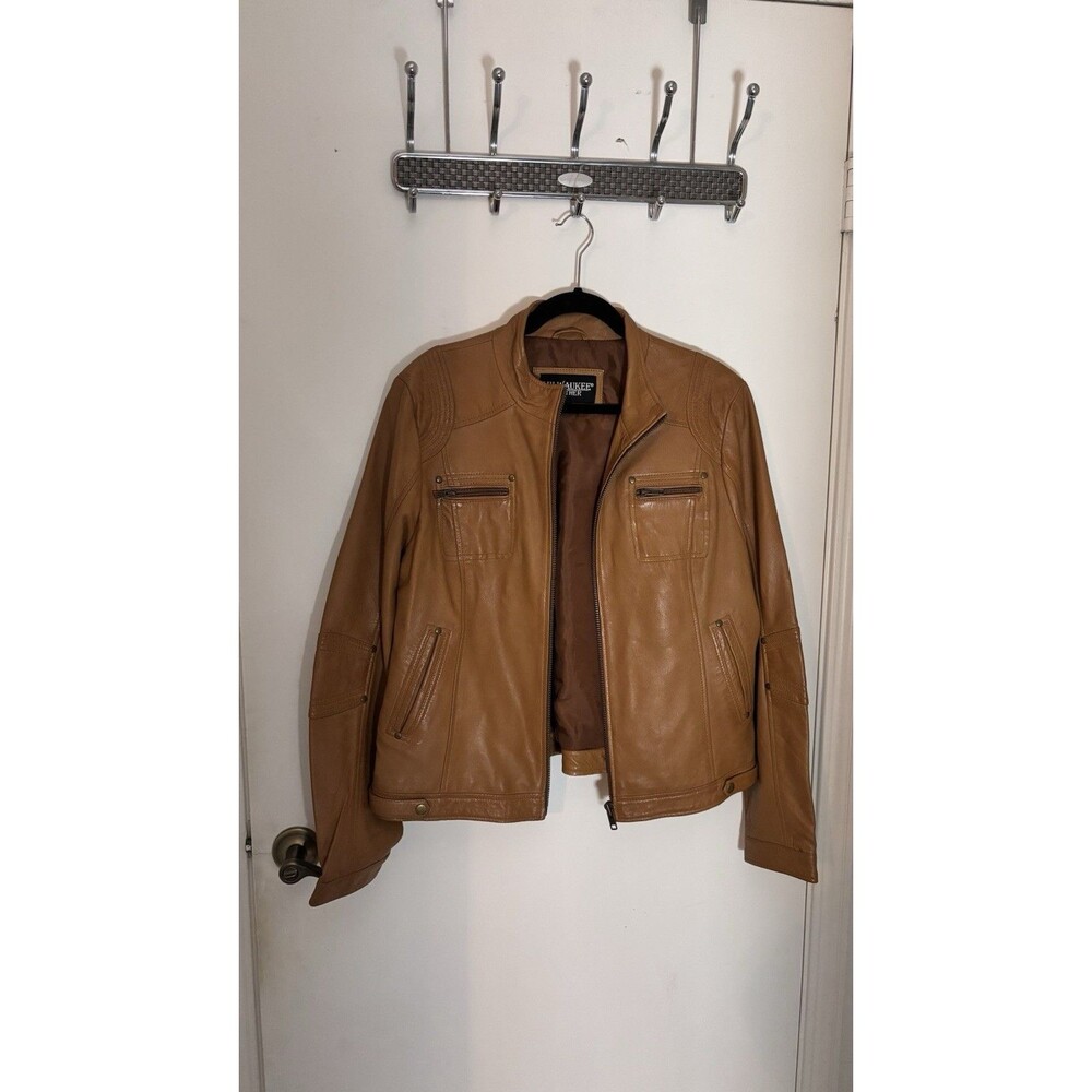 Milwaukee‎ Leather Brown Biker Jacket Men’s Zipper Button Accents